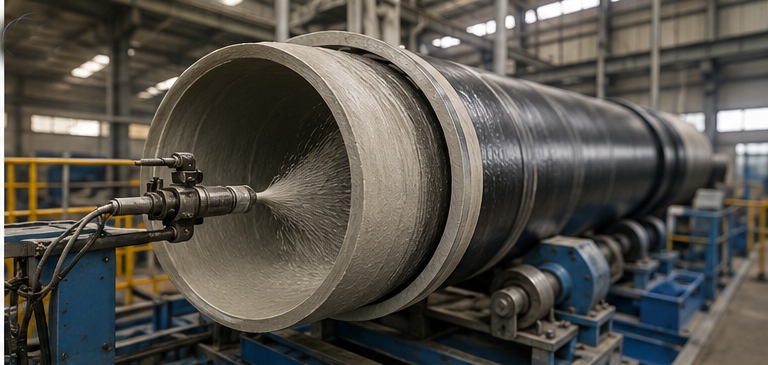 Centrifugal application of cement mortar lining inside a ductile iron pipe during manufacturingjpg