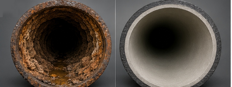Comparison between corroded unlined iron pipe and smooth cement lined ductile iron pipe interior