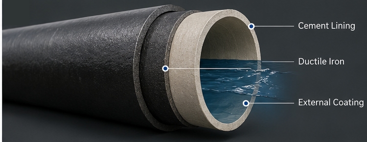Cross-sectional view of a cement lined ductile iron pipe showing lining, pipe wall, and water flow