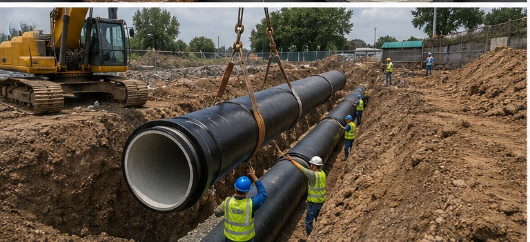 Installation of cement lined ductile iron pipes in a municipal water supply construction project
