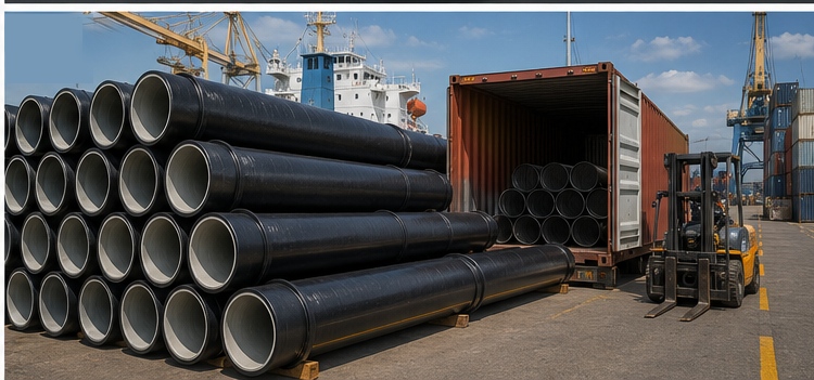 Cement lined ductile iron pipes prepared for international shipment at a container port