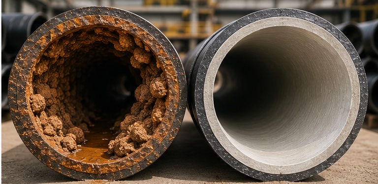 Comparison of unlined iron pipe with tuberculation and smooth cement lined ductile iron pipe interior