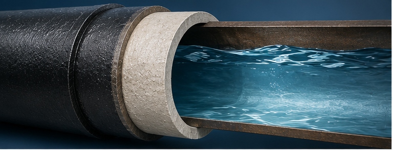 Cross-sectional illustration showing how cement mortar lining isolates water from the ductile iron pipe wall