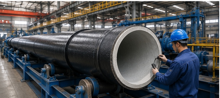 Cement lined ductile iron pipes undergoing manufacturing and quality inspection in a modern factory