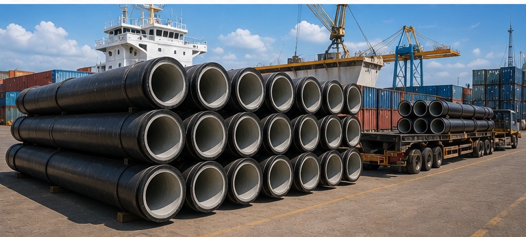 Cement lined ductile iron pipes prepared for international infrastructure project shipment