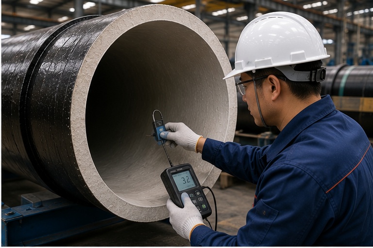 Quality inspector measuring cement mortar lining inside a ductile iron pipe
