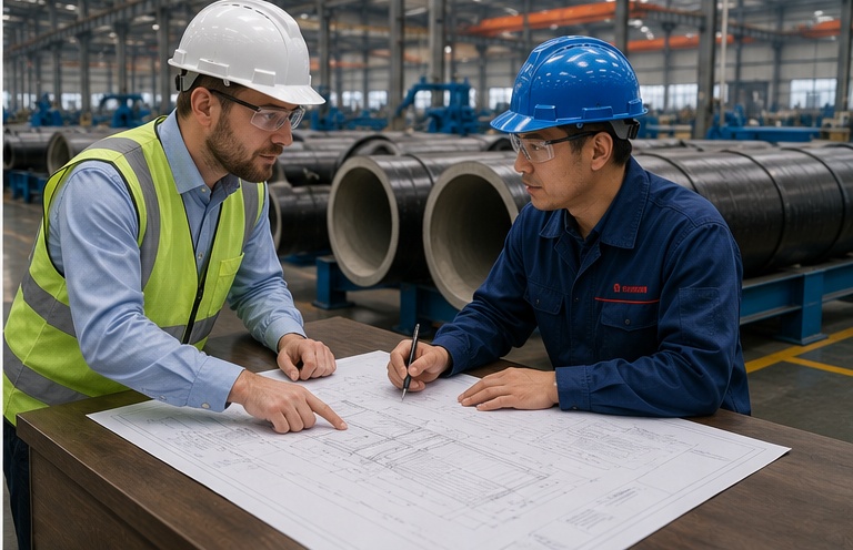 International buyer reviewing ductile iron pipe production with factory engineers